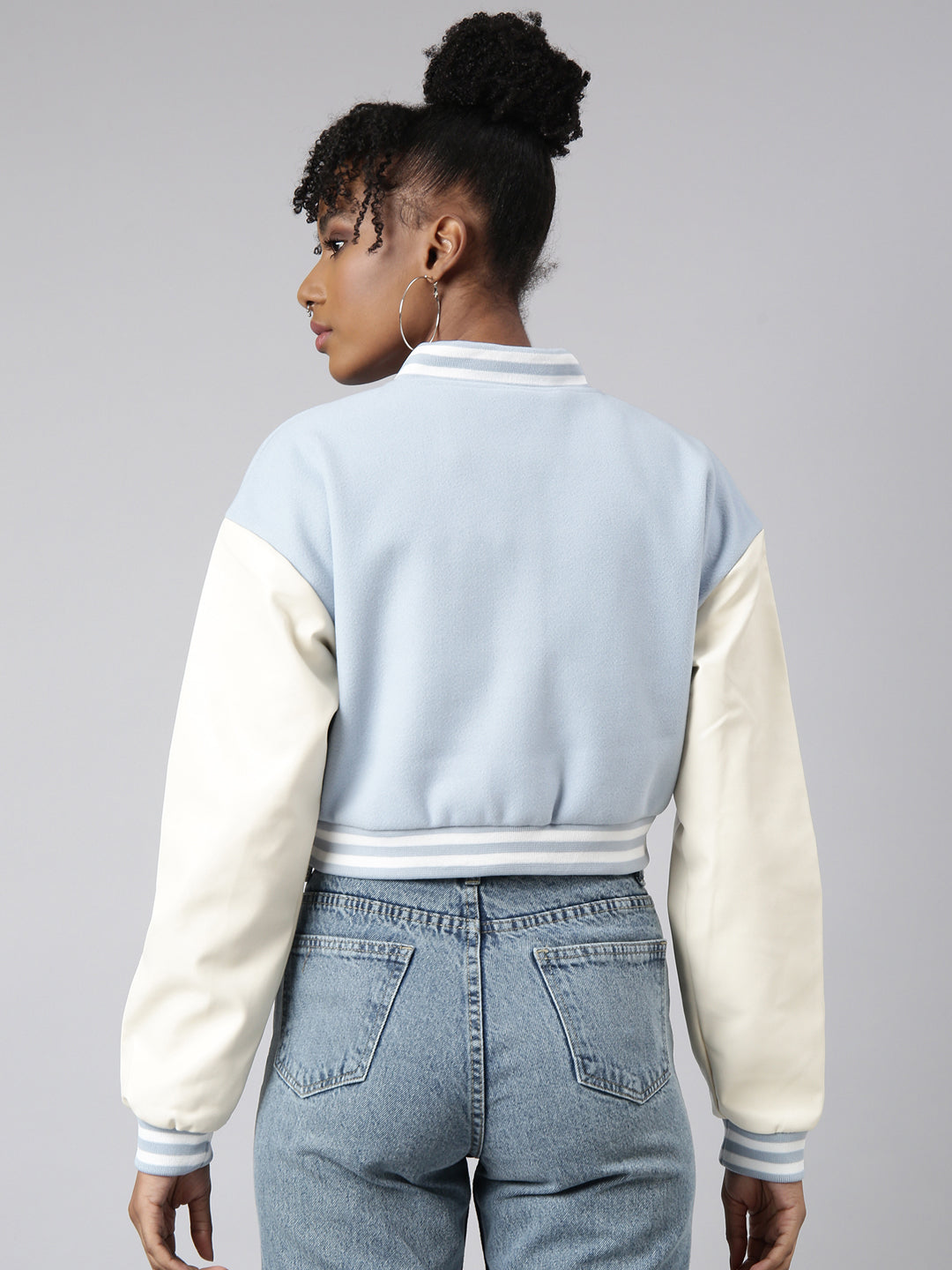 Women's Blue Stand Collar Windcheater Fleece Crop Oversized Varsity Jacket