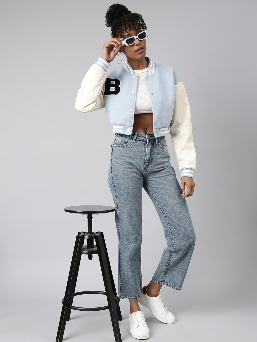 Women's Blue Stand Collar Windcheater Fleece Crop Oversized Varsity Jacket