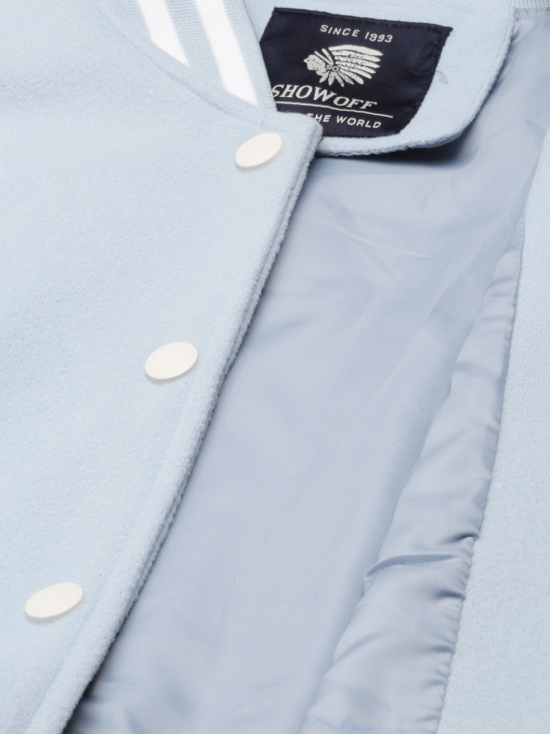 Women's Blue Stand Collar Windcheater Fleece Crop Oversized Varsity Jacket