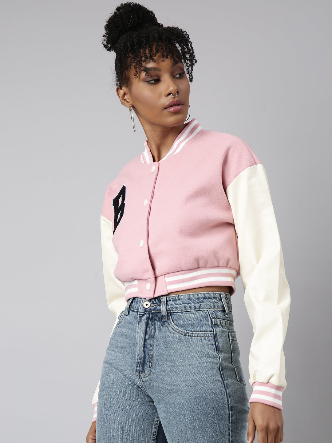 Women's Pink Colour blocked Drop Shoulder Oversized Crop Varsity Jacket