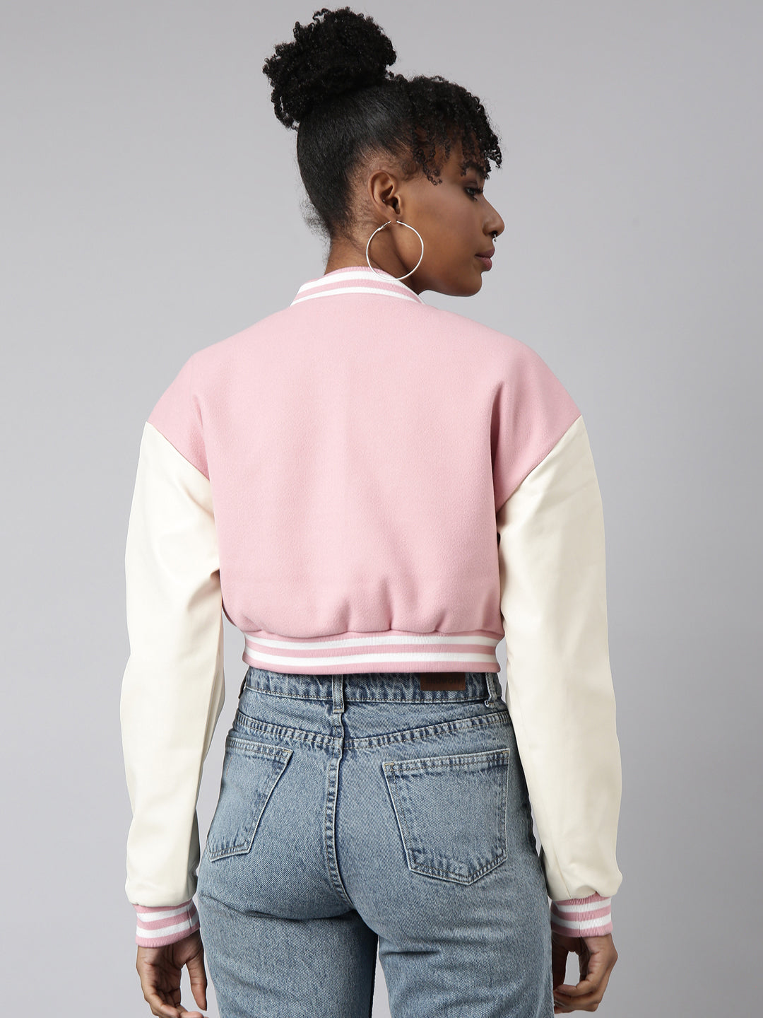 Women's Pink Colour blocked Drop Shoulder Oversized Crop Varsity Jacket