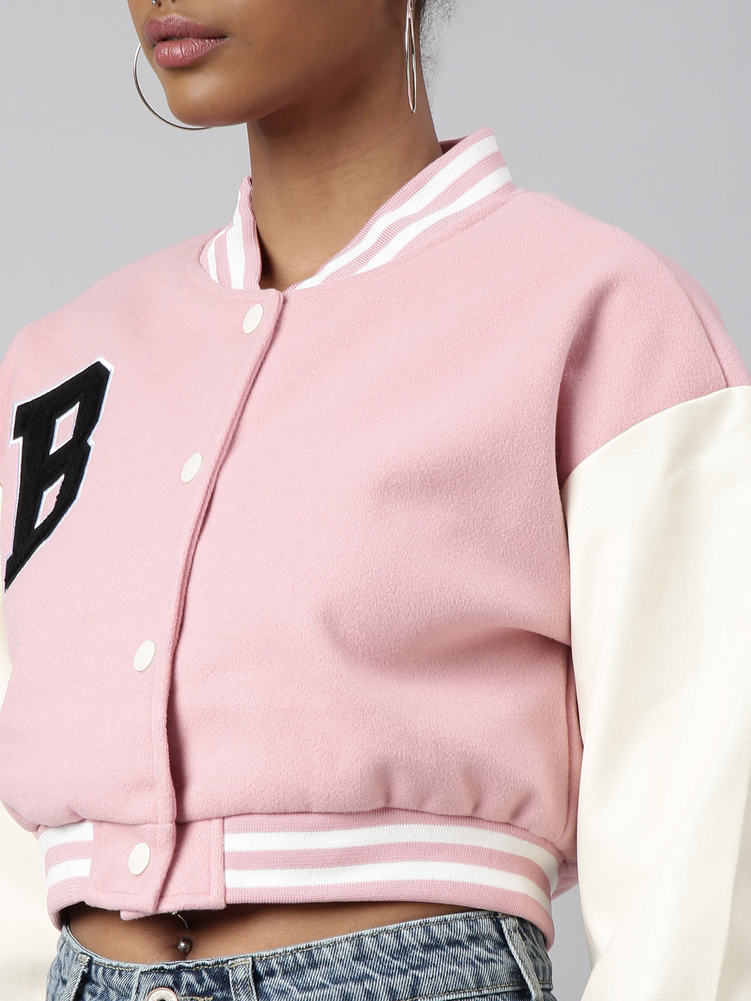 Women's Pink Colour blocked Drop Shoulder Oversized Crop Varsity Jacket