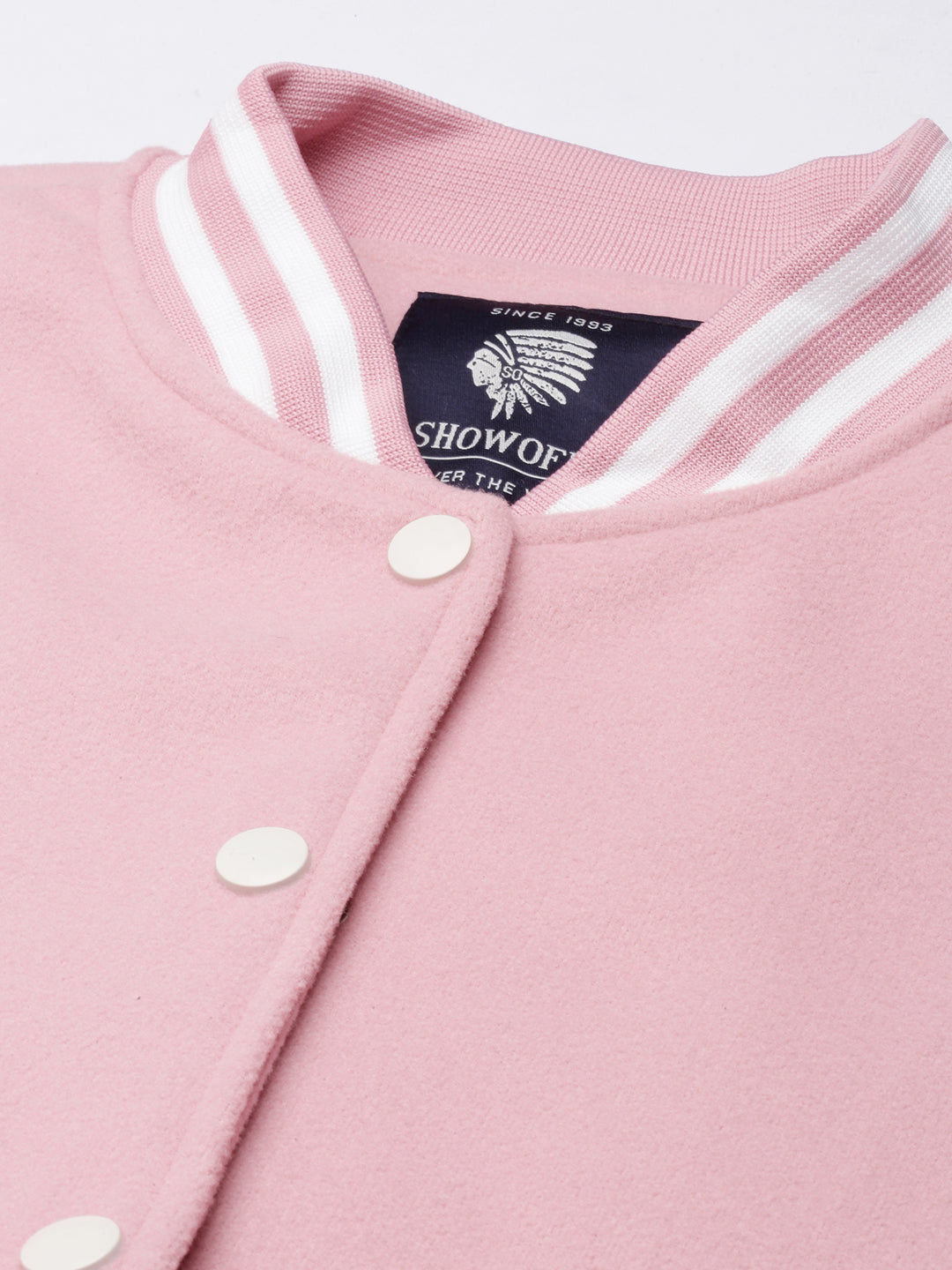 Women's Pink Colour blocked Drop Shoulder Oversized Crop Varsity Jacket