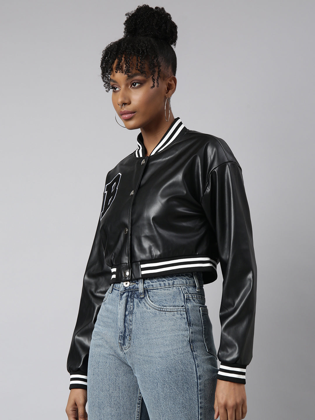 Women's Black Oversized Crop Varsity Jacket
