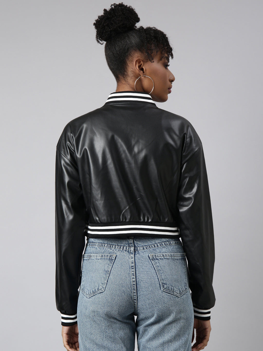 Women's Black Oversized Crop Varsity Jacket