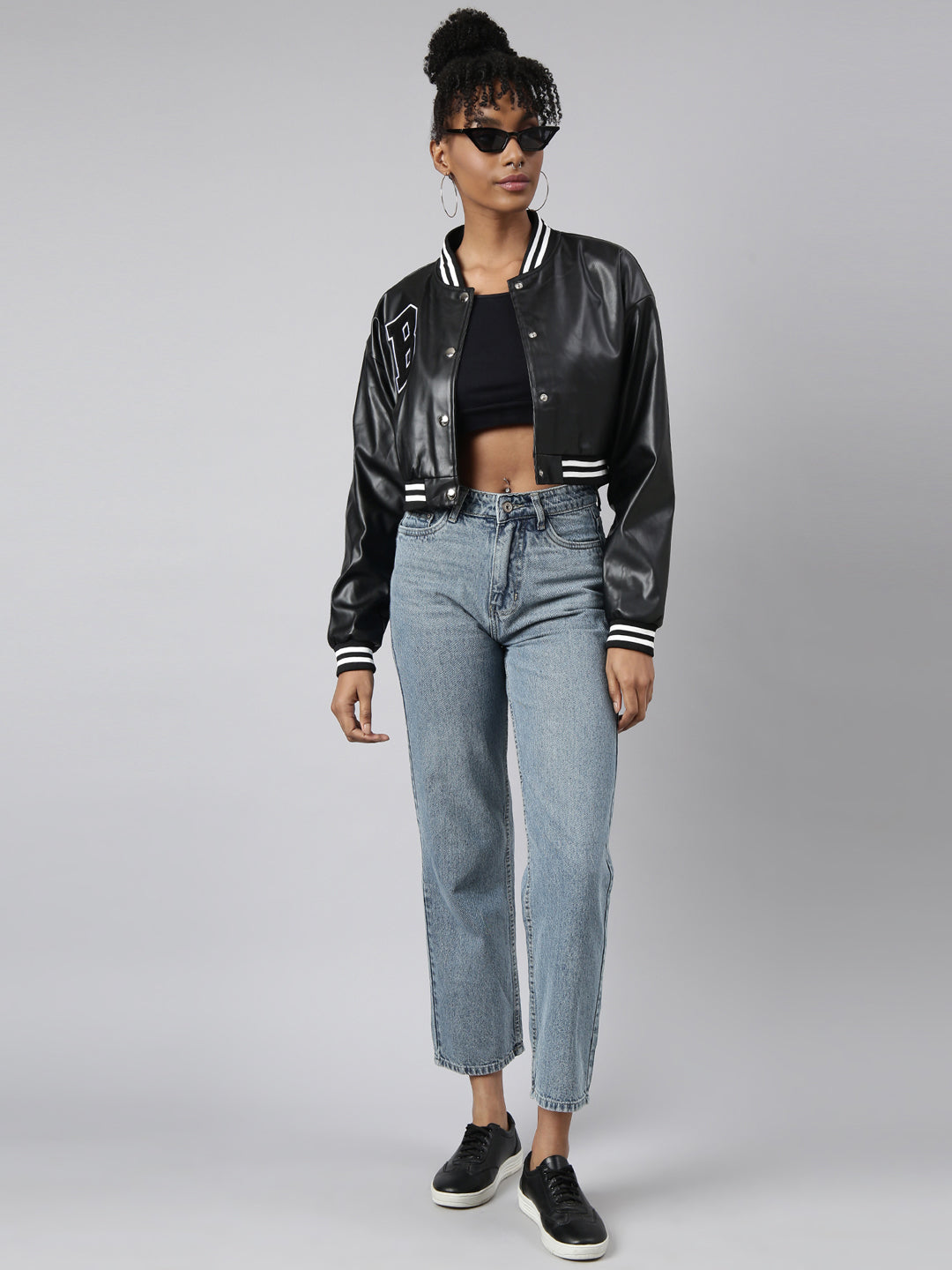 Women's Black Oversized Crop Varsity Jacket