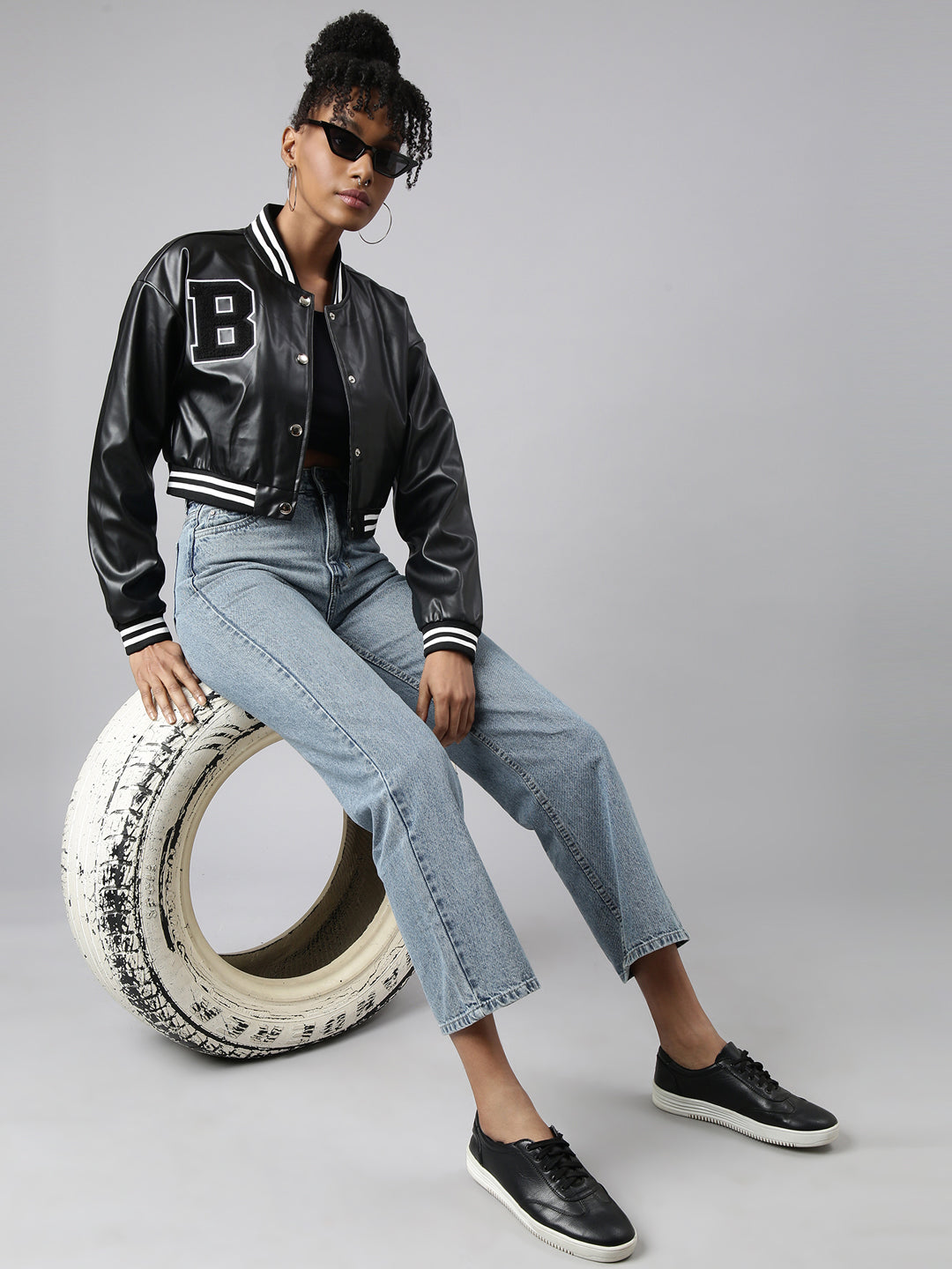 Women's Black Oversized Crop Varsity Jacket