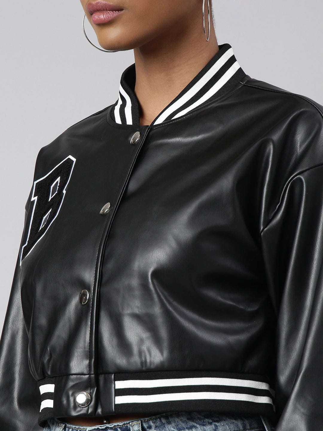 Women's Black Oversized Crop Varsity Jacket