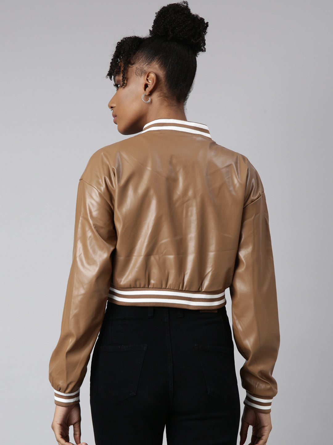 Women Solid Crop Brown Drop Shoulder Oversized Varsity Jacket