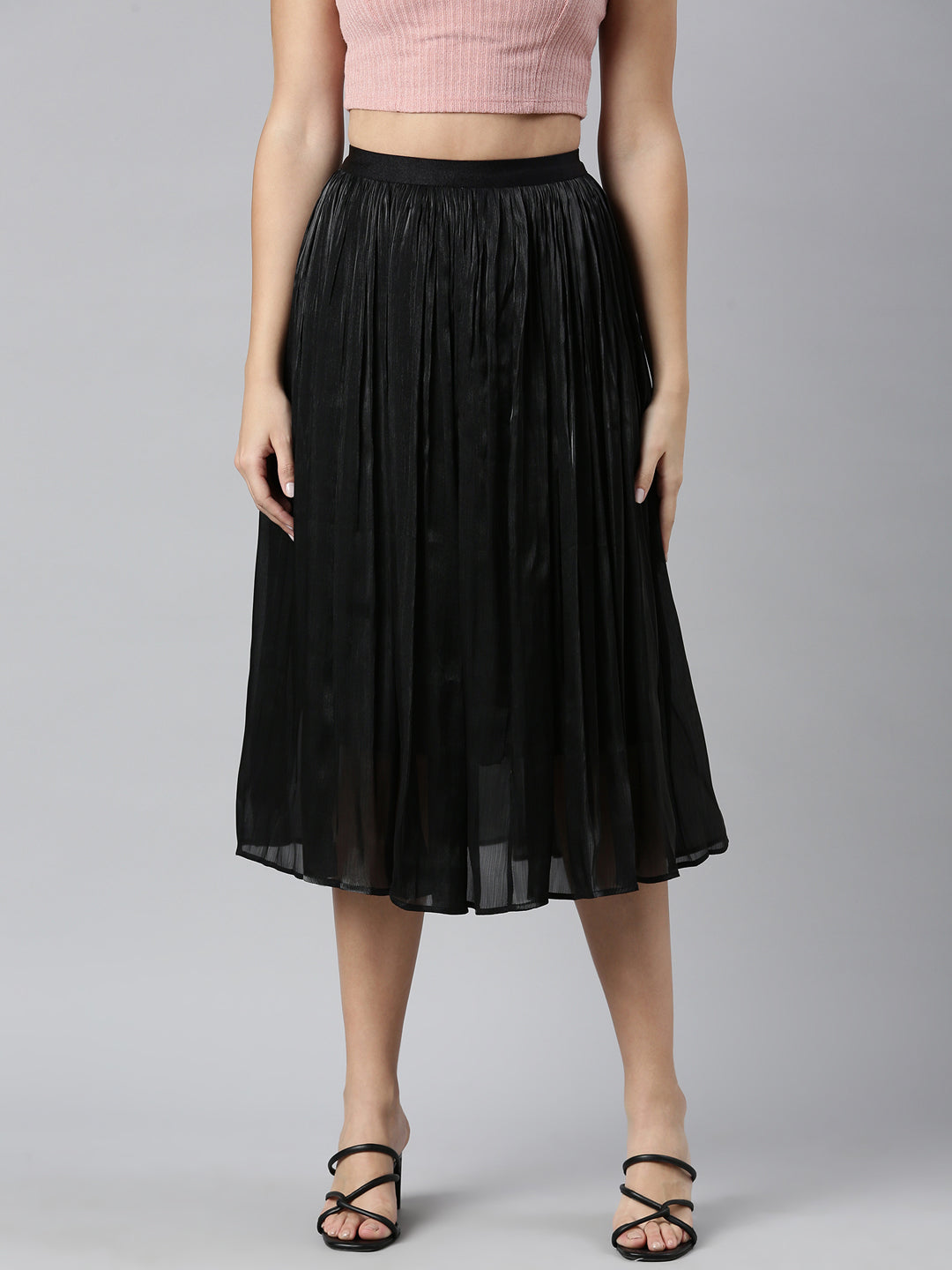 Women Solid Black Flared Midi Skirt