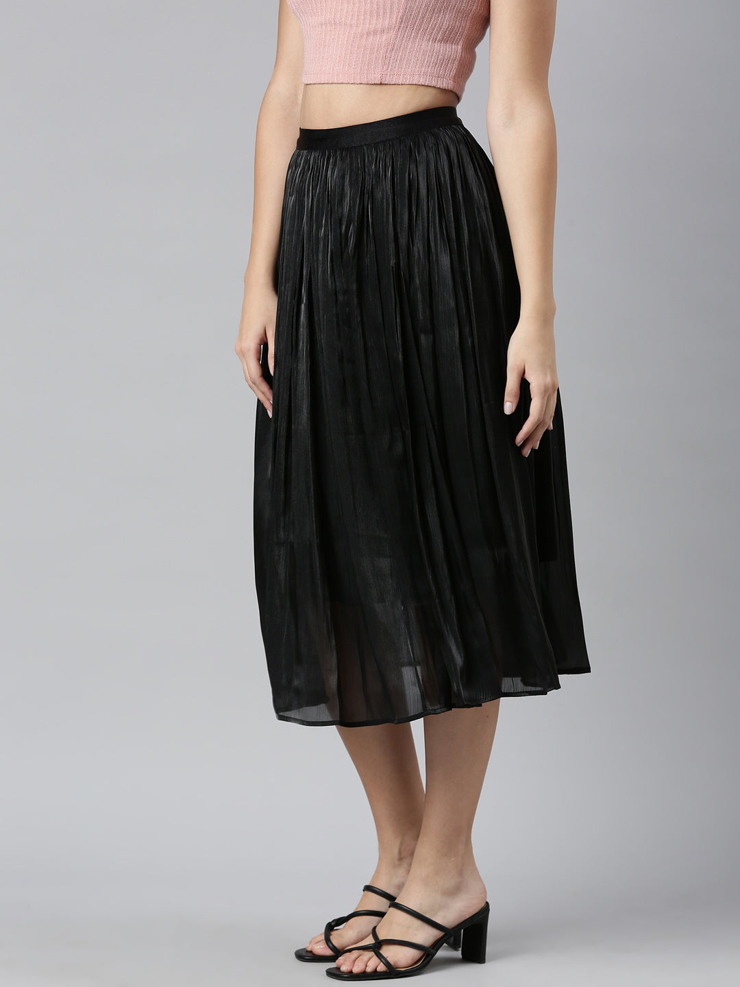 Women Solid Black Flared Midi Skirt