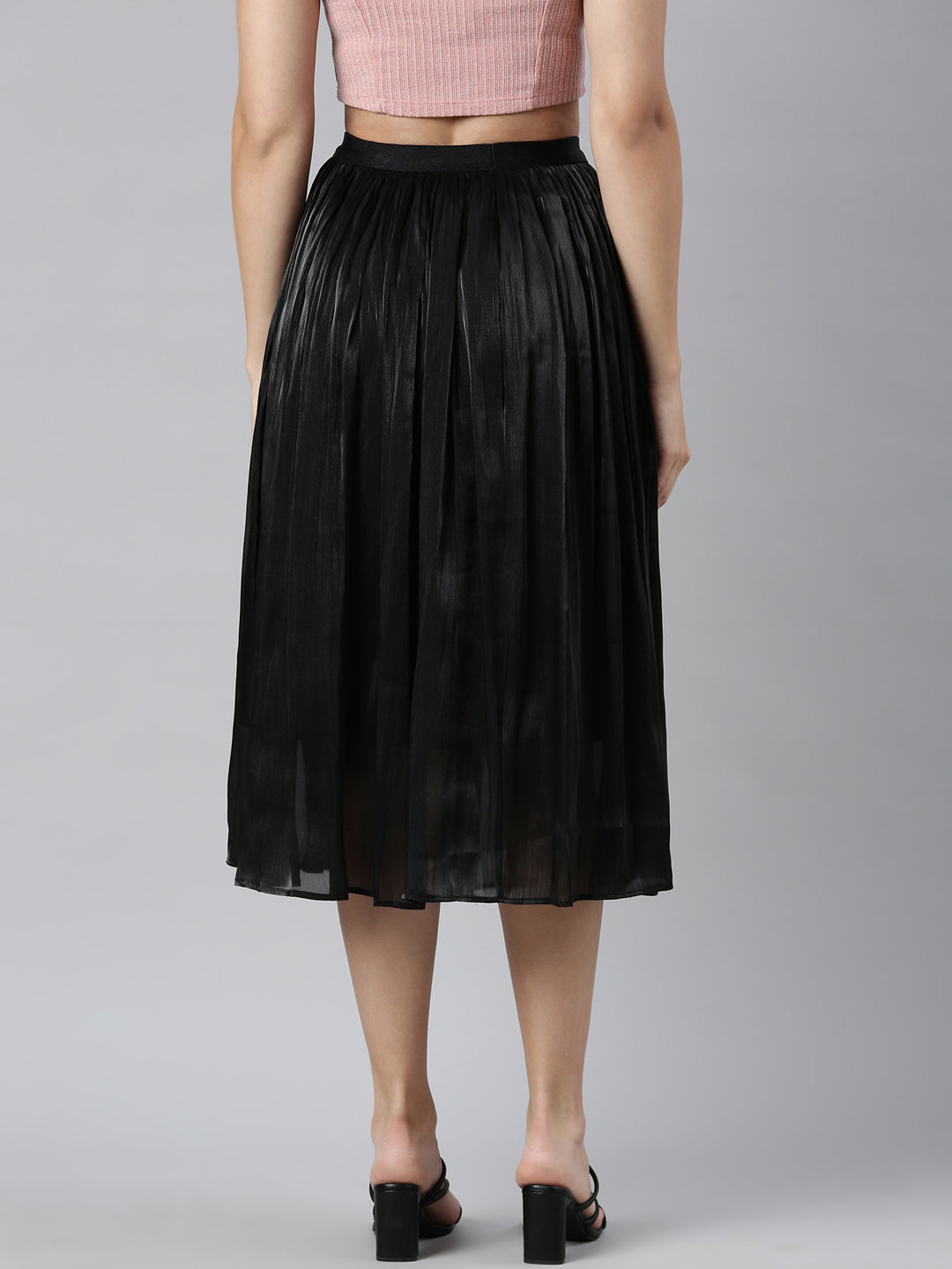 Women Solid Black Flared Midi Skirt