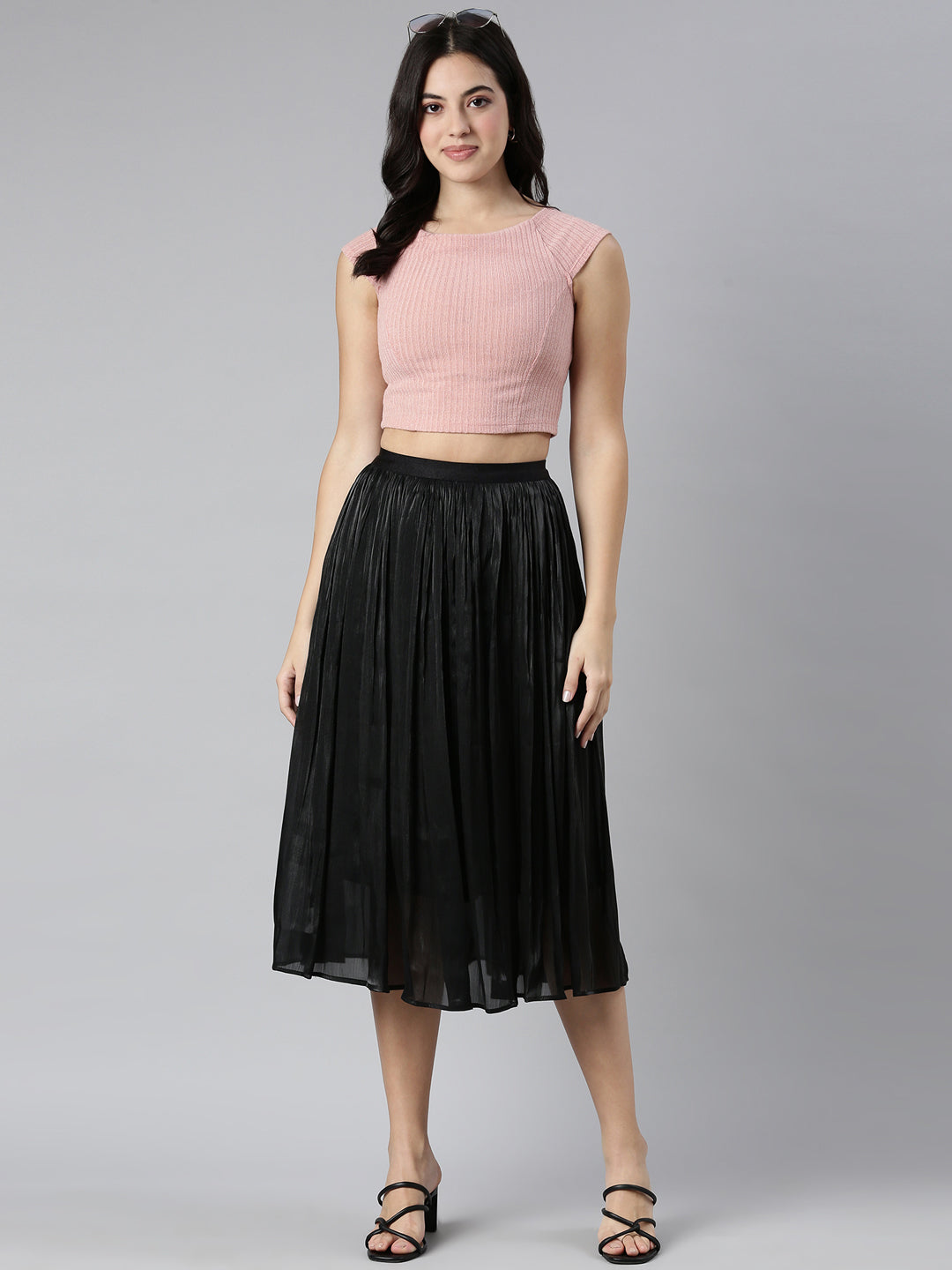 Women Solid Black Flared Midi Skirt