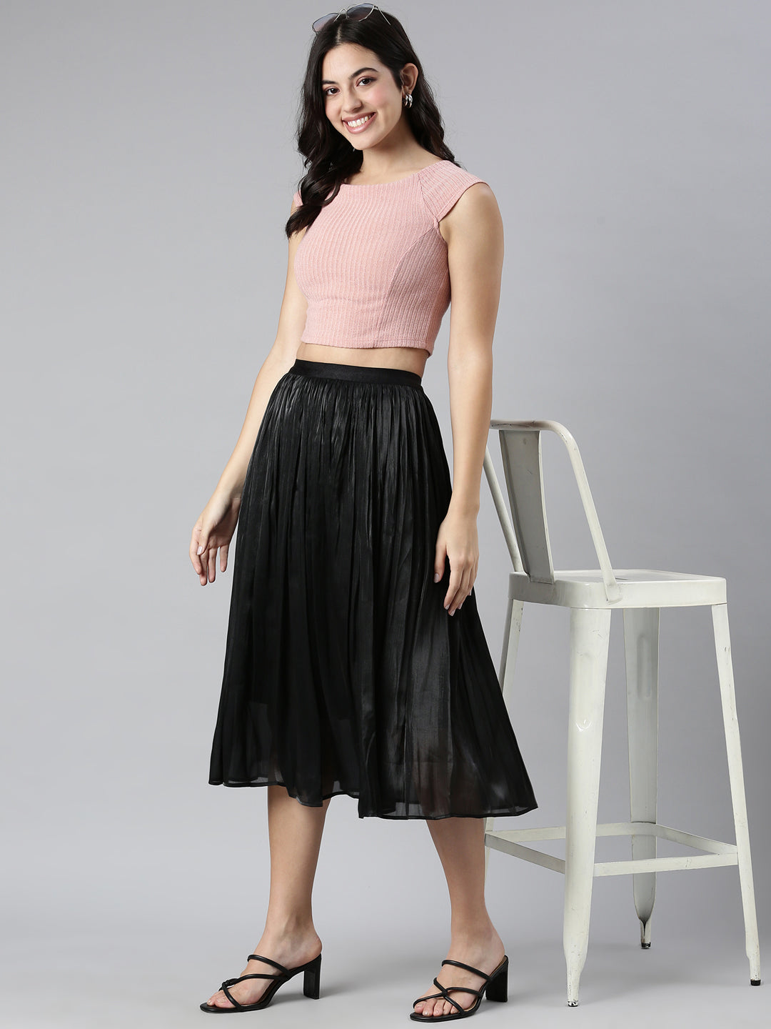 Women Solid Black Flared Midi Skirt