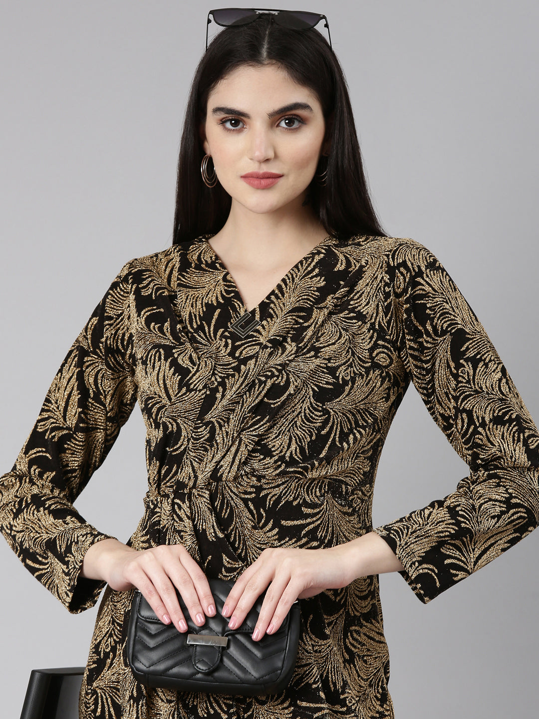 Women Gold Tropical Wrap Dress