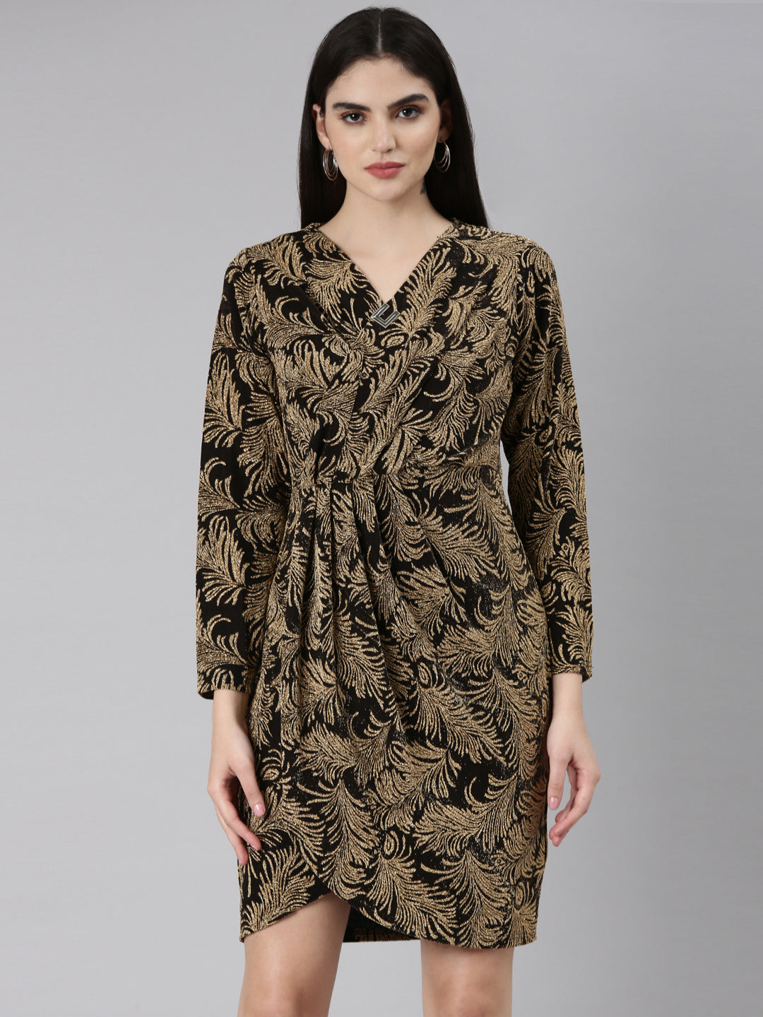 Women Gold Tropical Wrap Dress