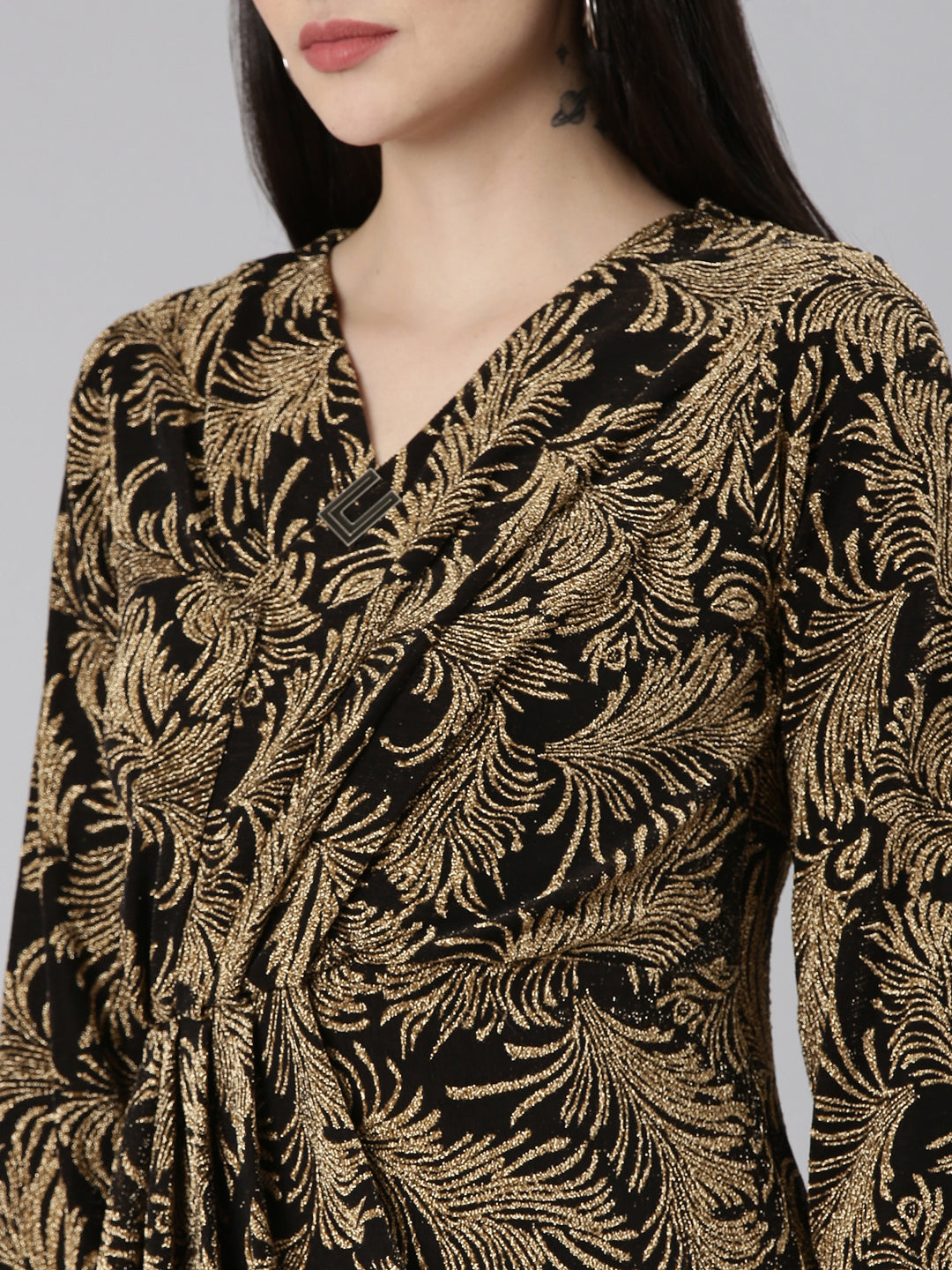 Women Gold Tropical Wrap Dress