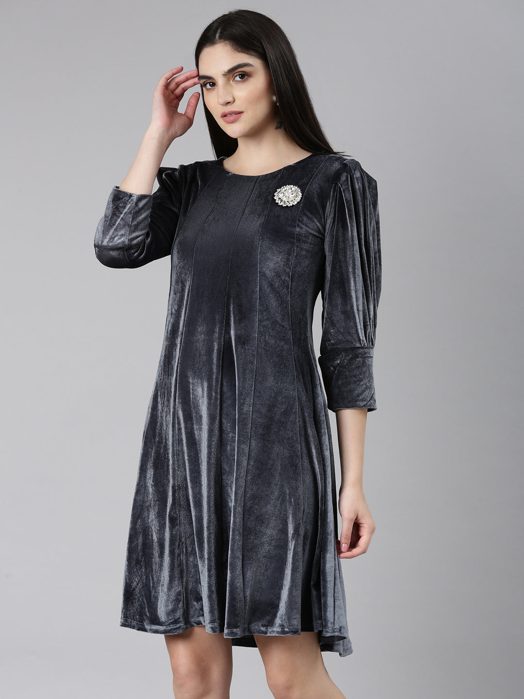 Women Grey Solid A-Line Dress