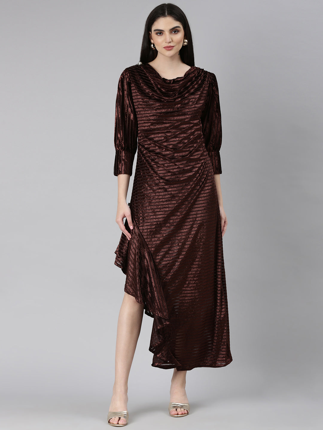 Women Coffee Brown Striped Gown Dress