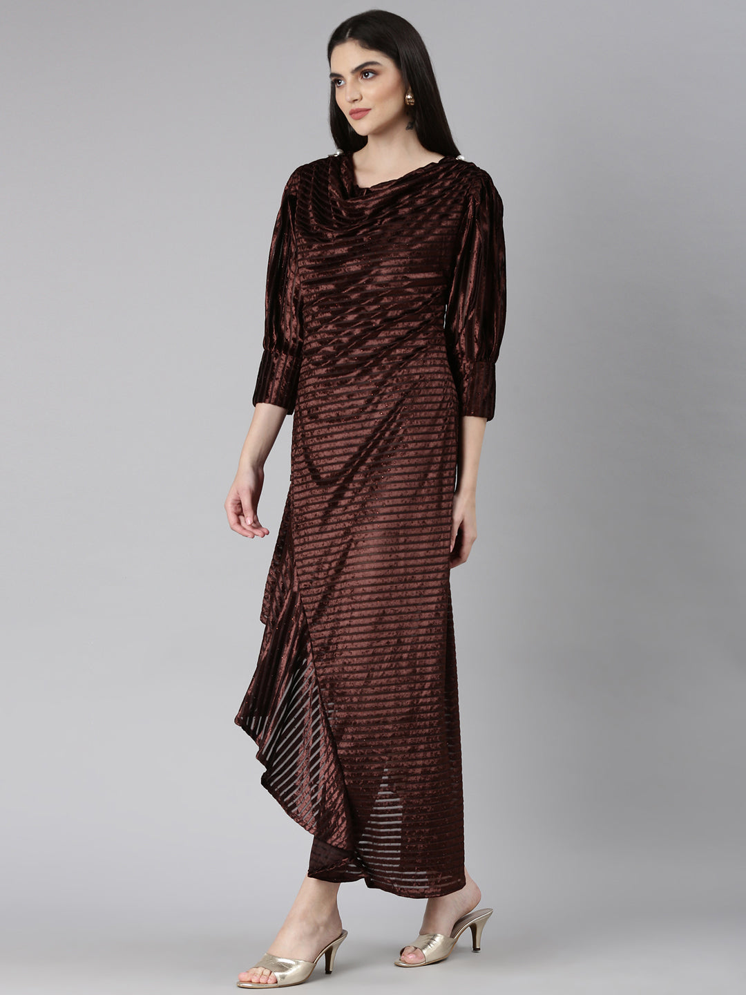 Women's Brown Self Design Cowl Neck Velvet A-Line Dress