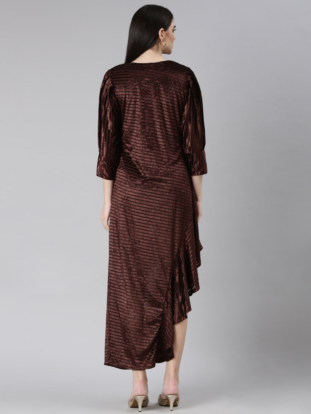 Women's Brown Self Design Cowl Neck Velvet A-Line Dress