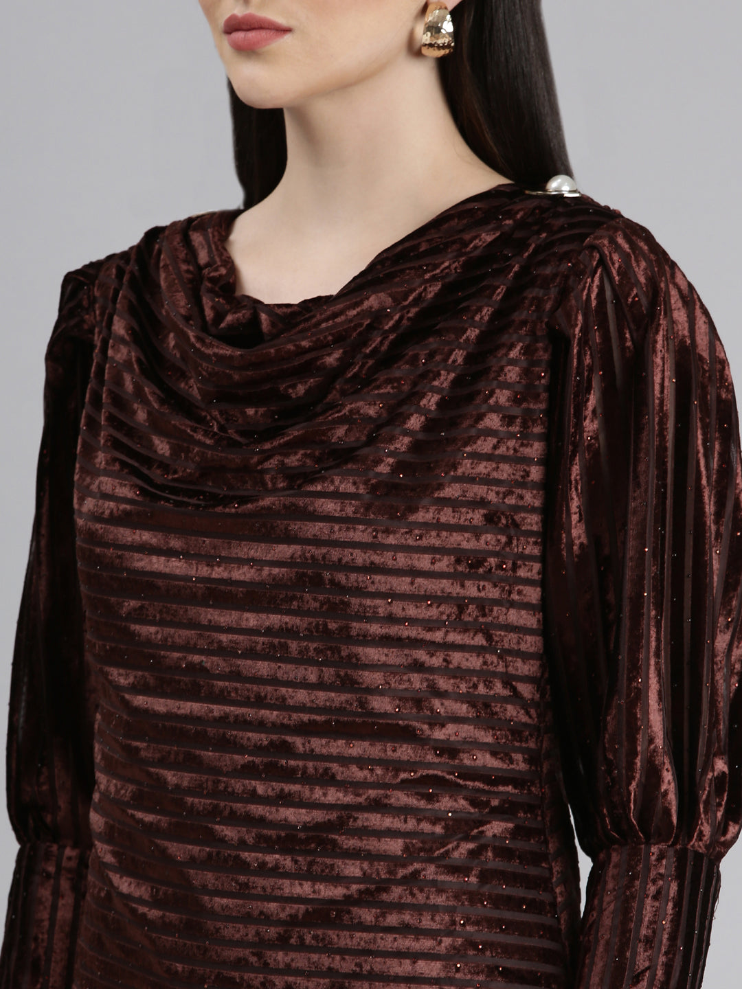 Women's Brown Self Design Cowl Neck Velvet A-Line Dress