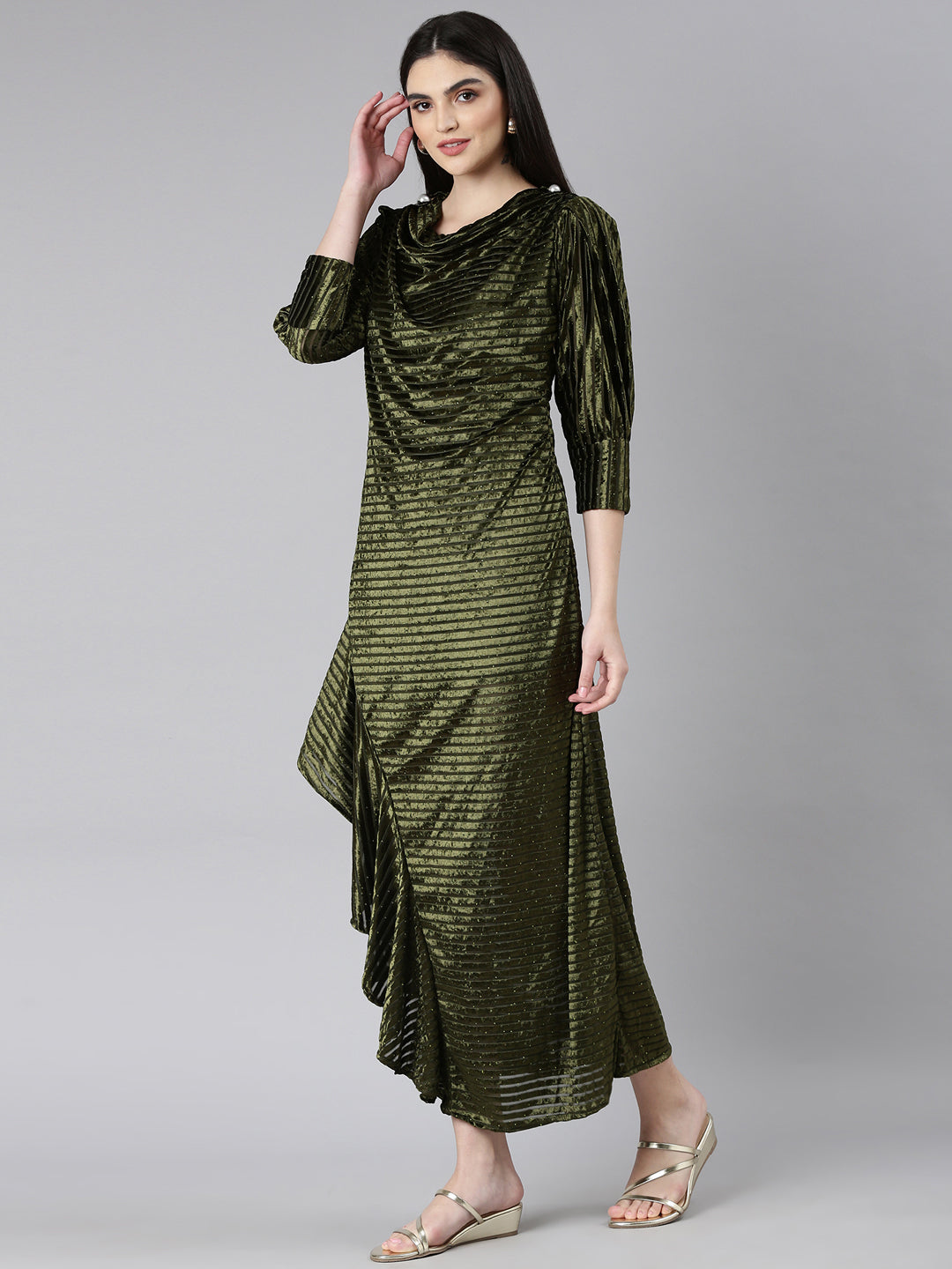 Women Olive Striped Gown Dress