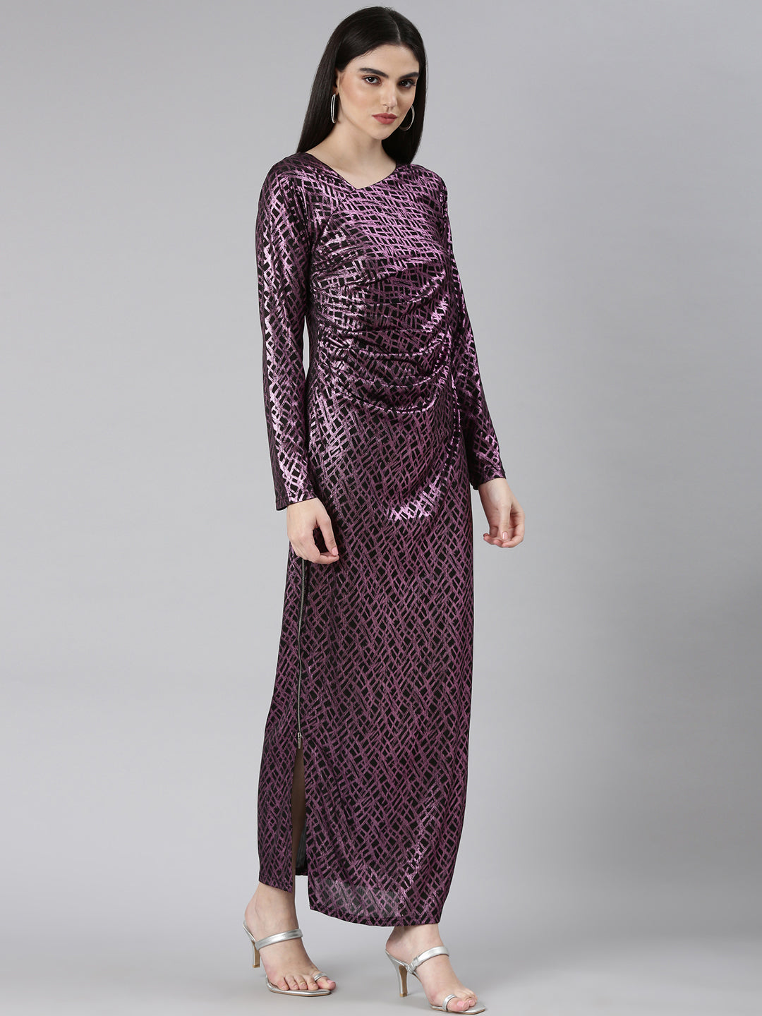 Women Mauve Geometrical Gown Dress