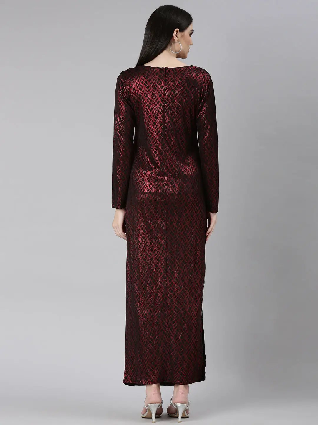 Women's Red Geometric Printed Asymmetric Neck Long Sleeves Ruched Maxi Dress