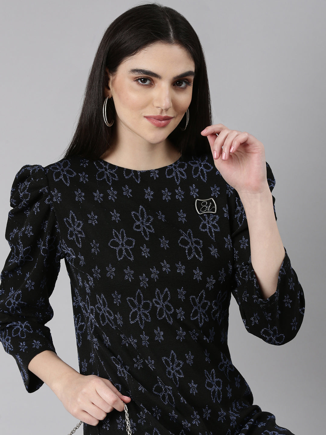 Women Black Floral A-Line Dress