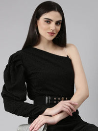 Women's Black Self Design Ruched Sheath Dress