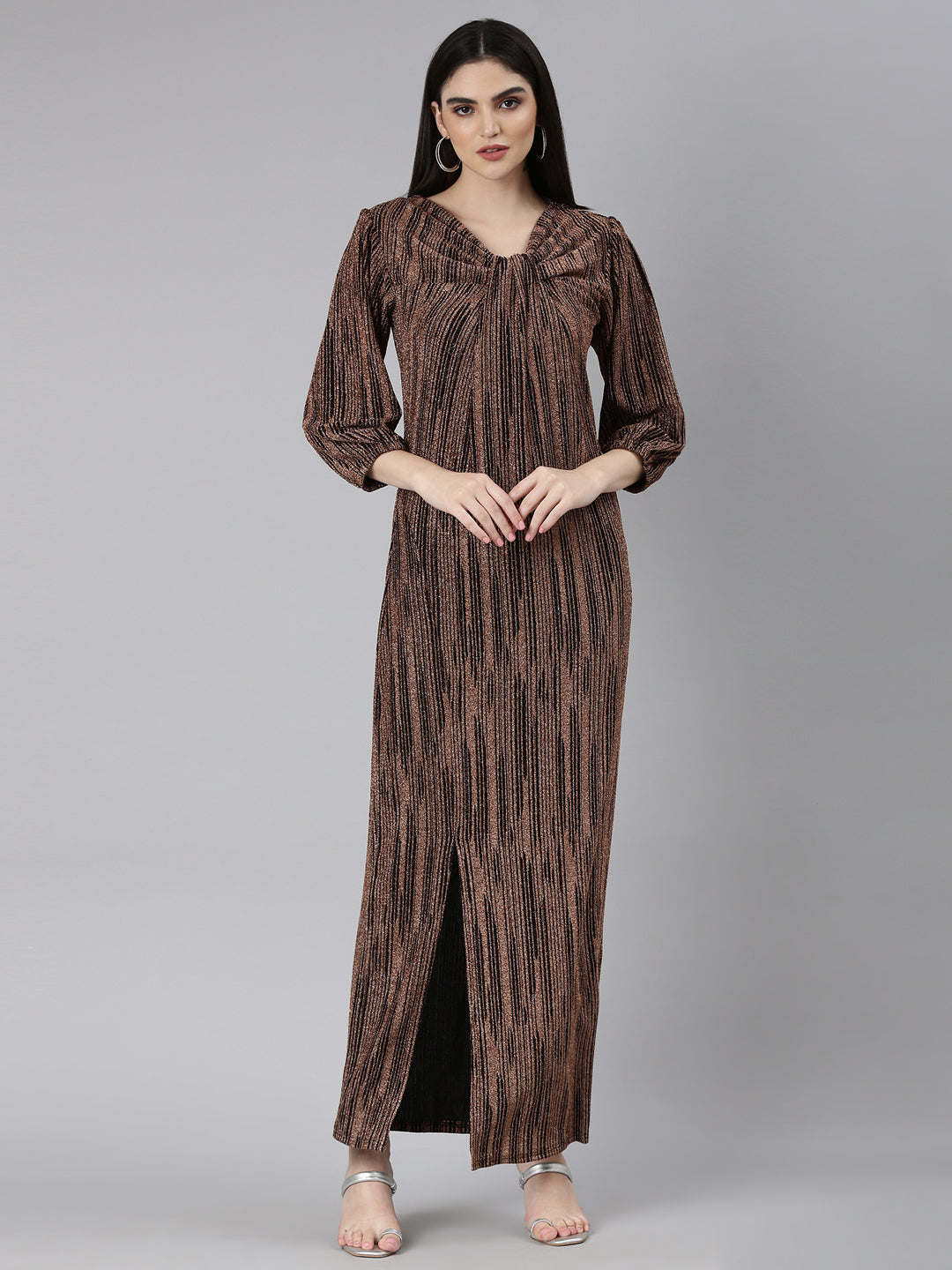 Women Bronze Striped Gown Dress