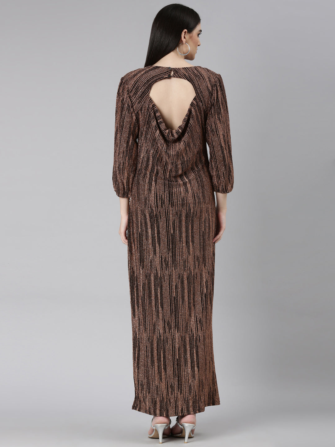 Women Bronze Striped Gown Dress