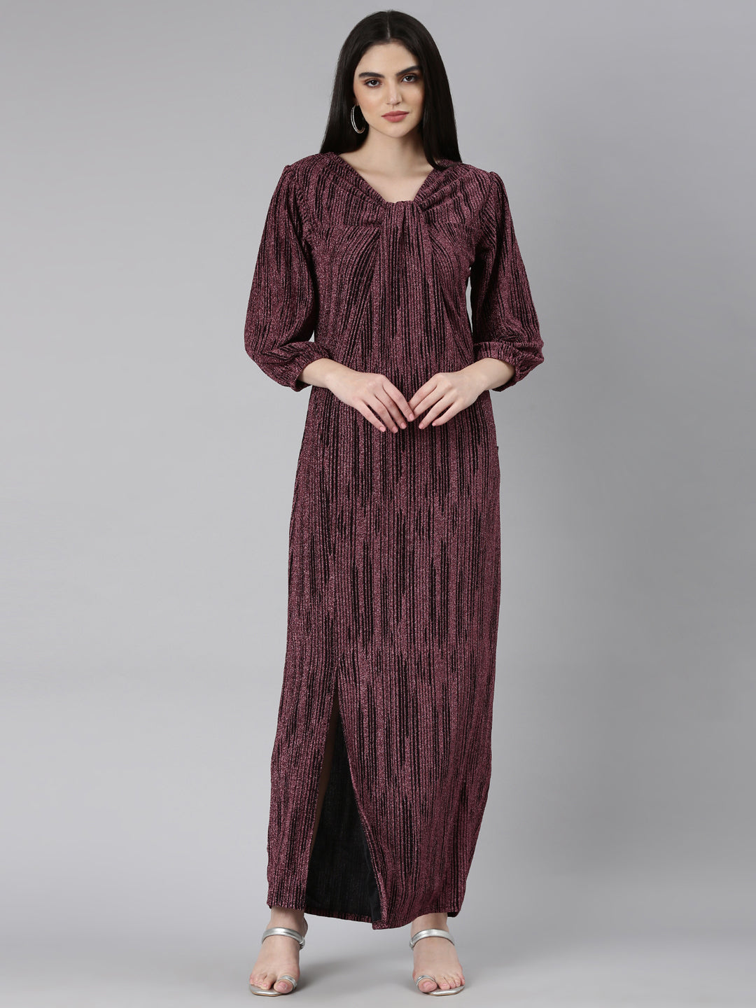 Women Magenta Striped Gown Dress