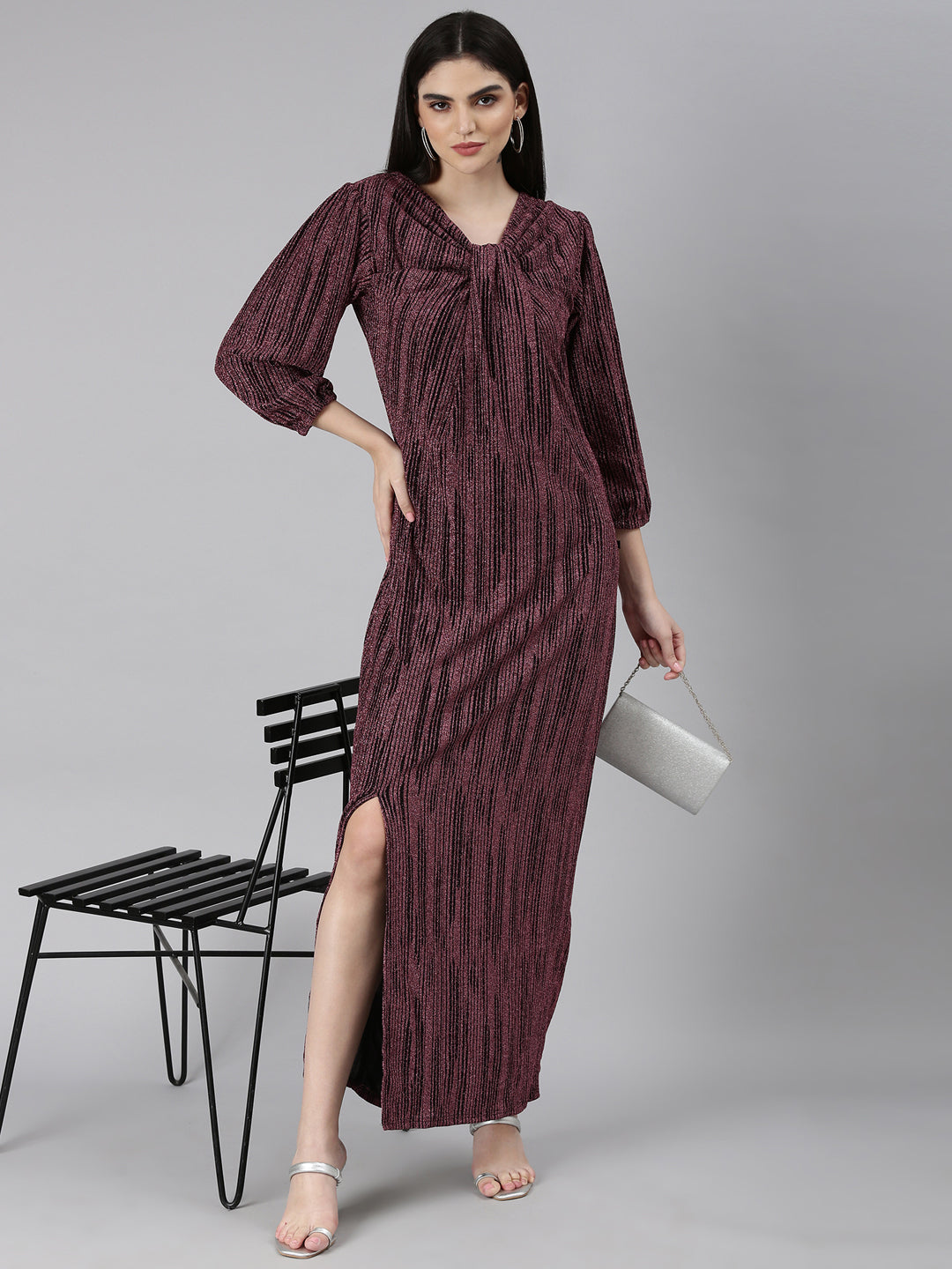 Women Magenta Striped Gown Dress