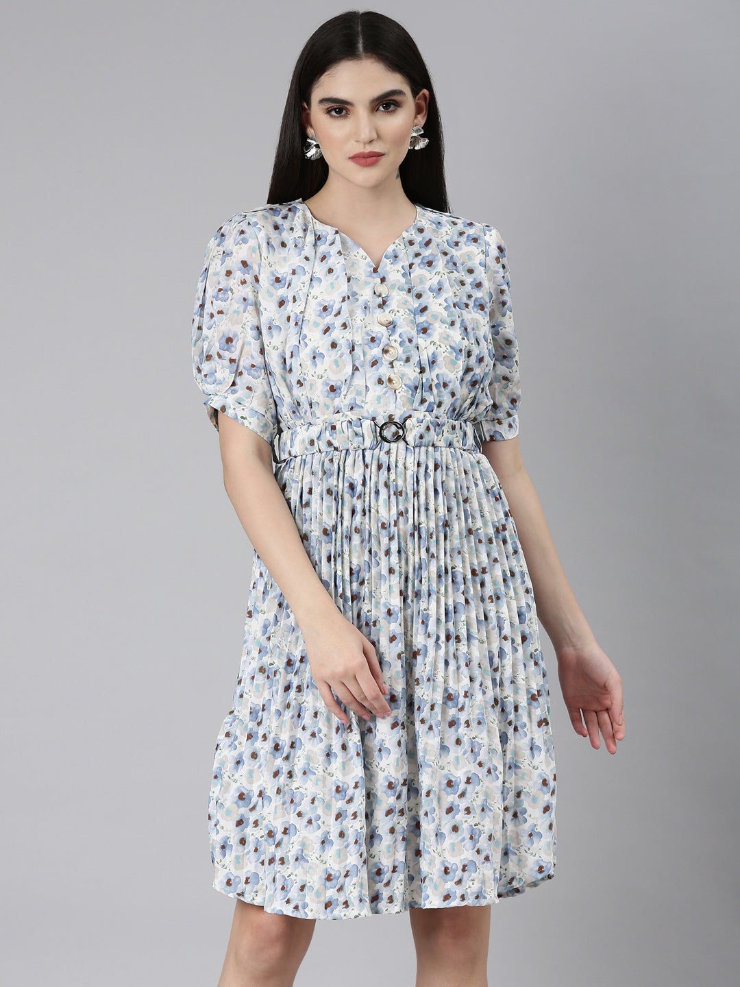 Women Blue Floral Fit and Flare Dress