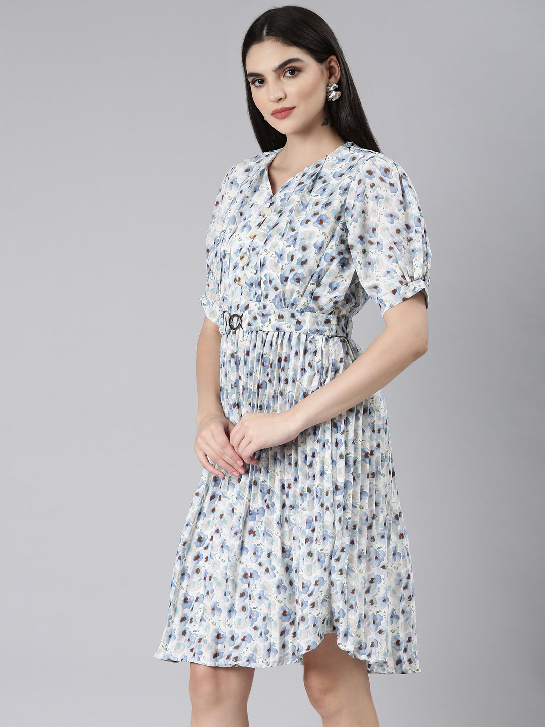 Women Blue Floral Fit and Flare Dress