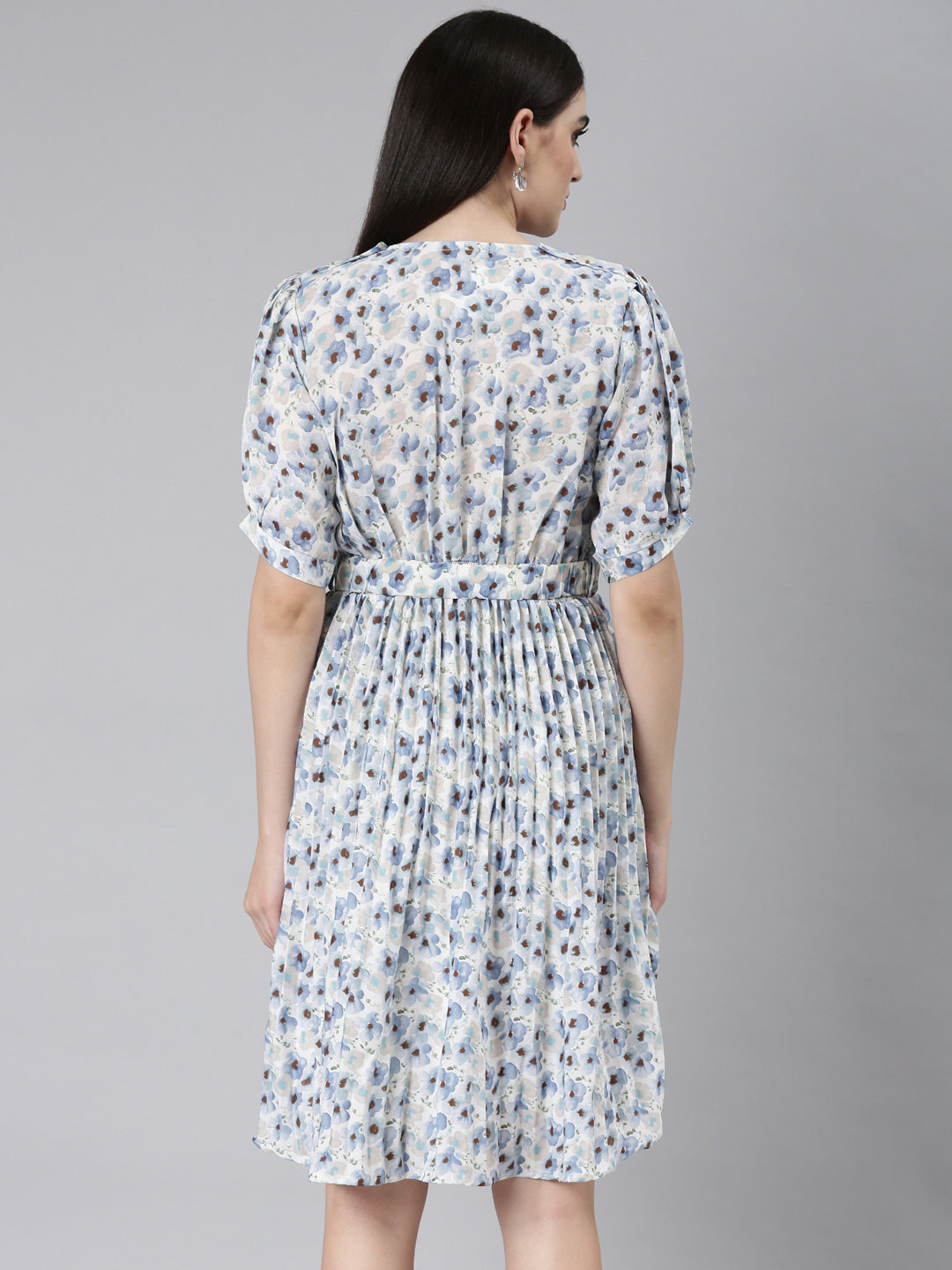 Women Blue Floral Fit and Flare Dress