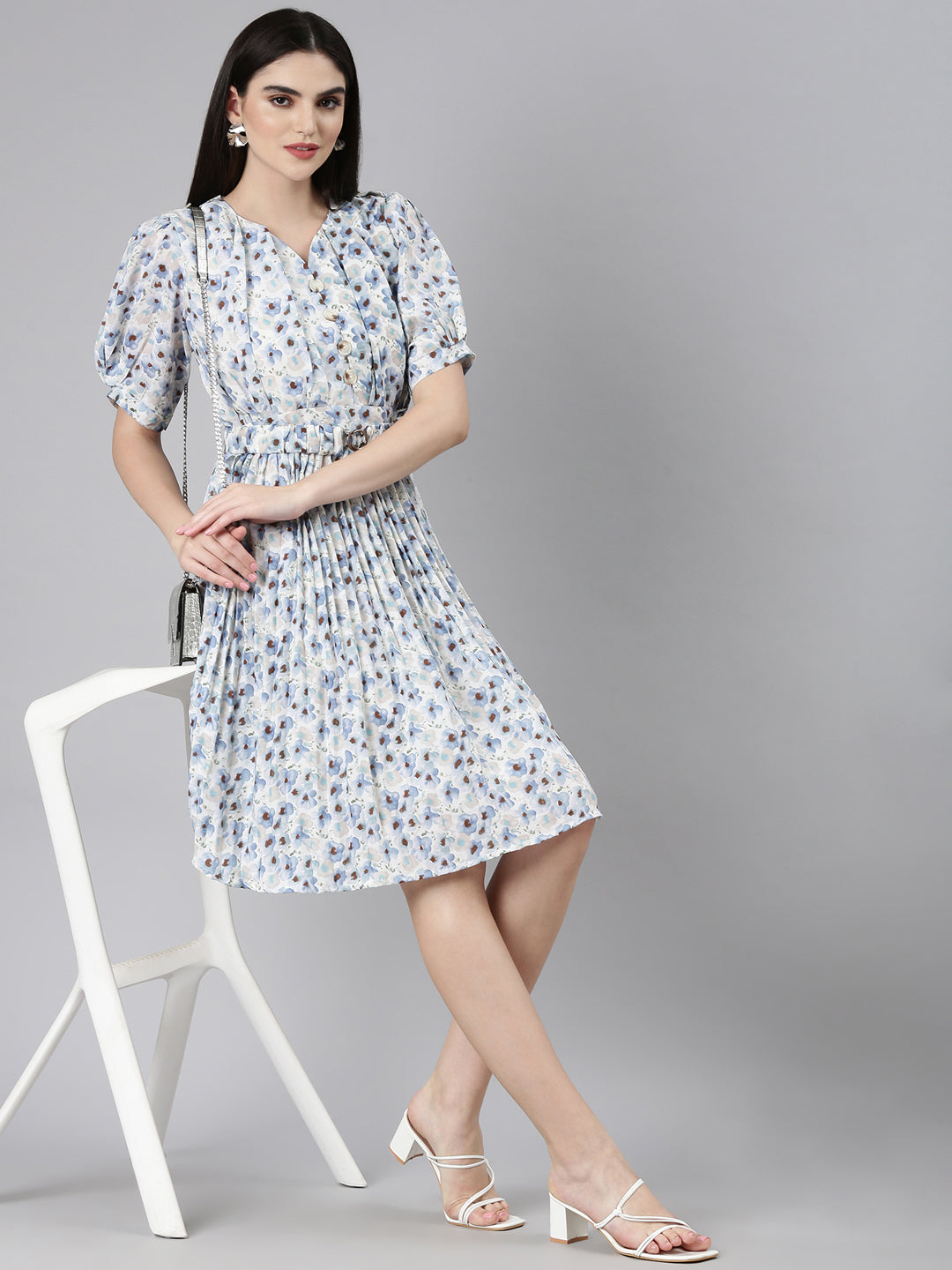 Women Blue Floral Fit and Flare Dress