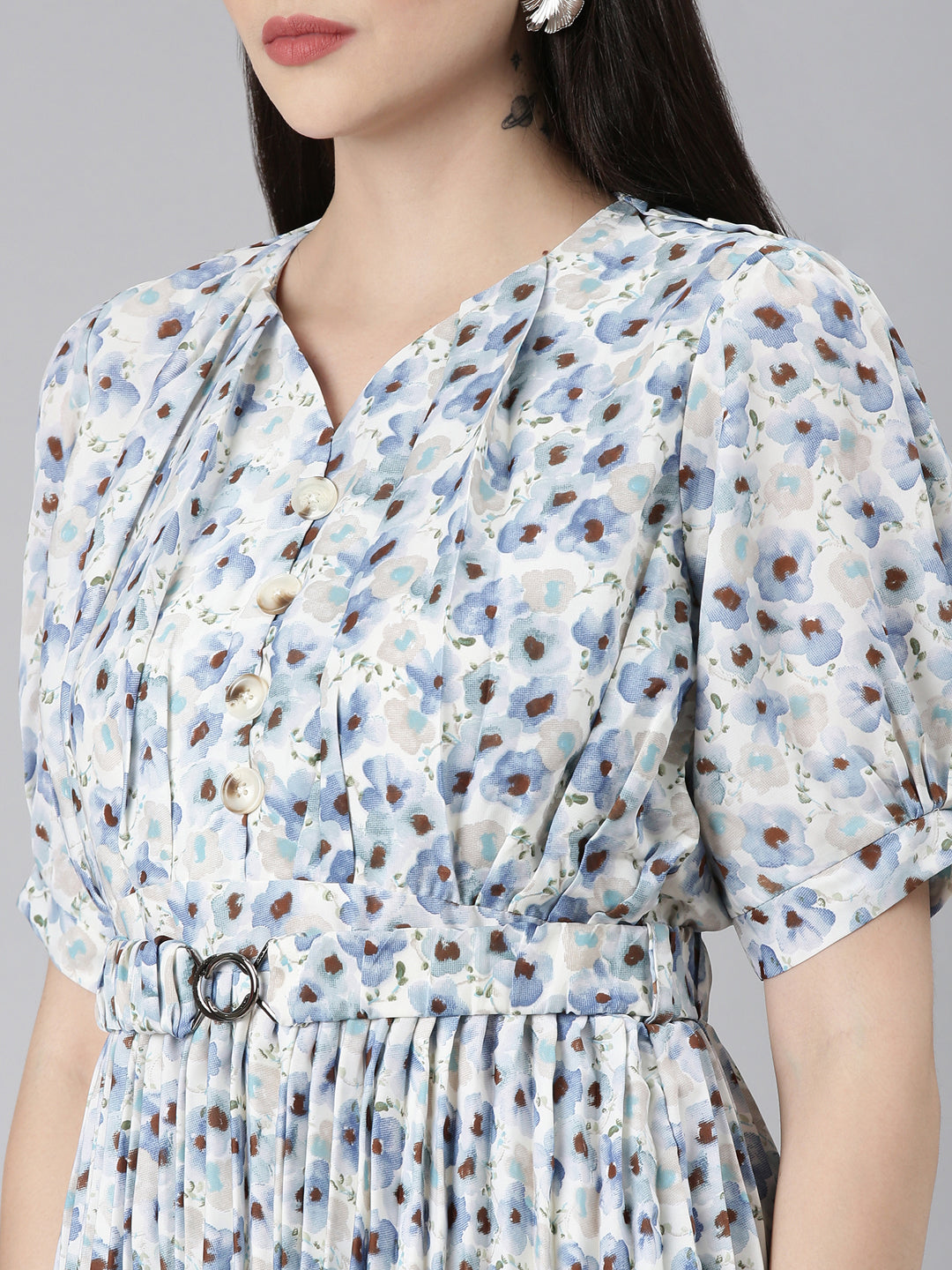 Women Blue Floral Fit and Flare Dress