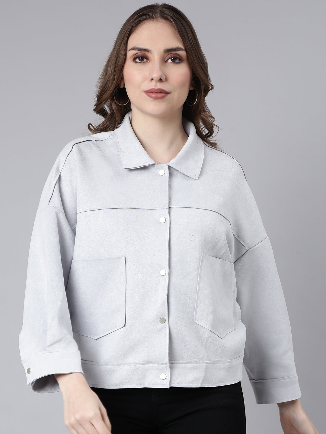 Women Solid Grey Oversized Drop Shoulder Tailored Jacket