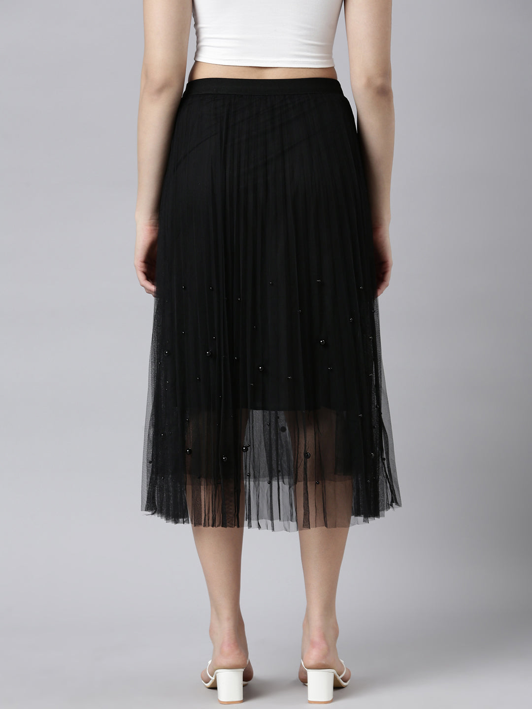 Women's Solid Black Flared Midi Sheer Skirt
