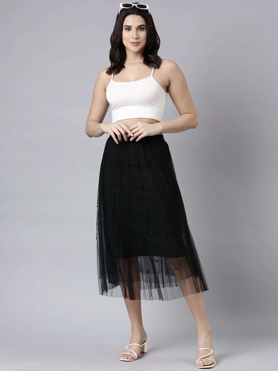 Women's Solid Black Flared Midi Sheer Skirt