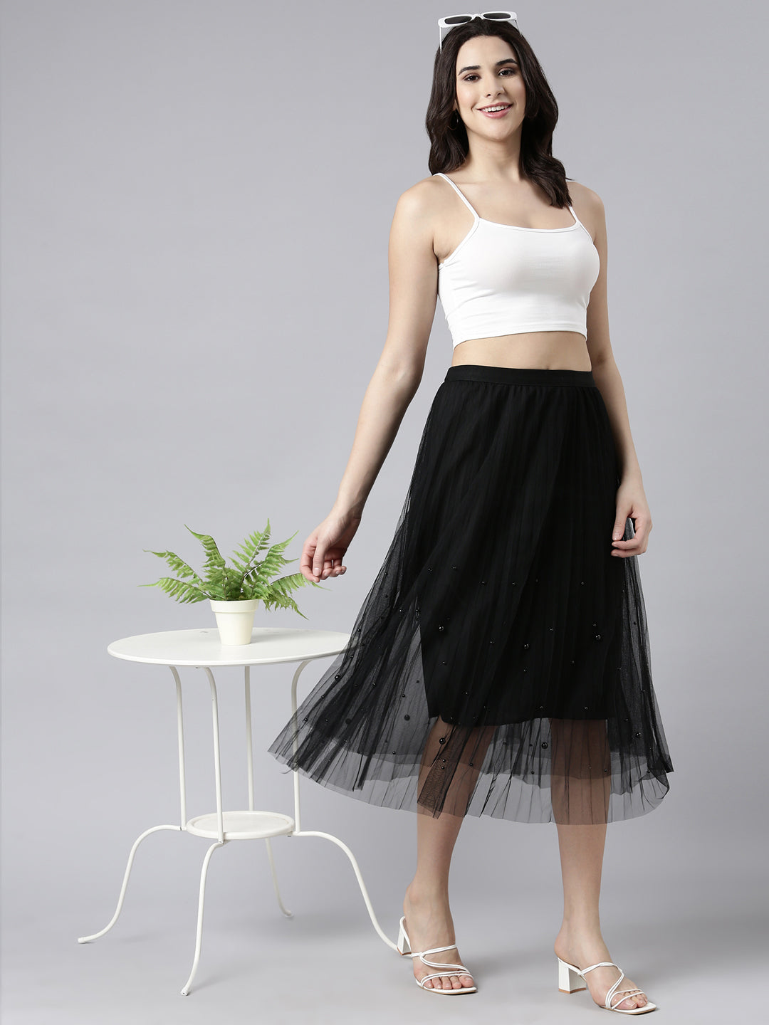 Women's Solid Black Flared Midi Sheer Skirt