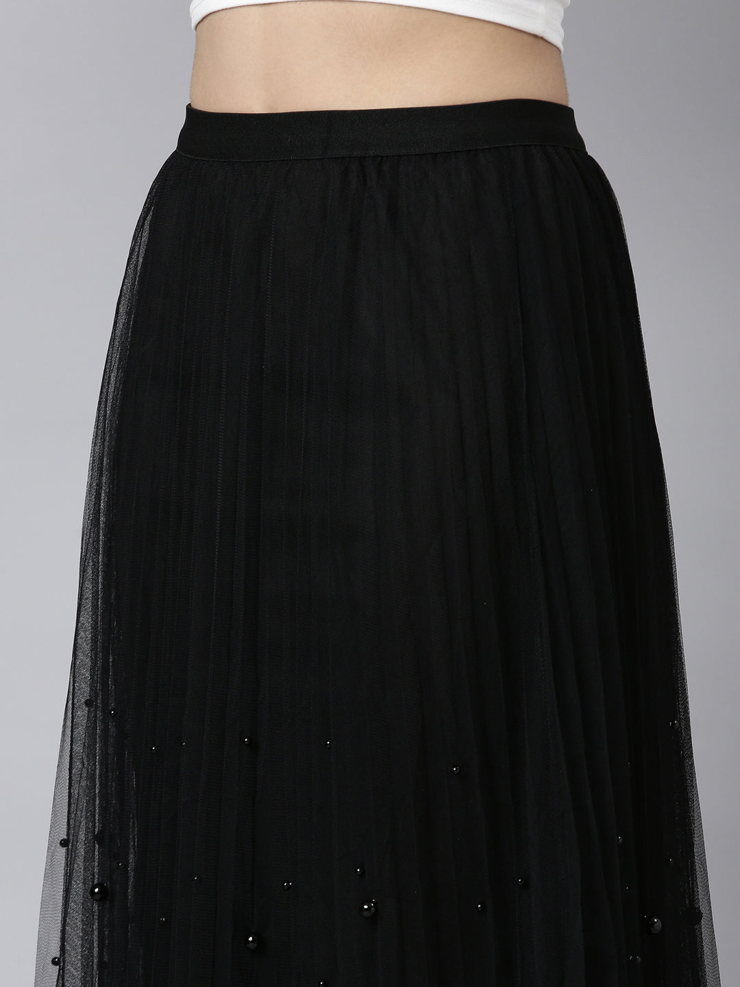Women's Solid Black Flared Midi Sheer Skirt