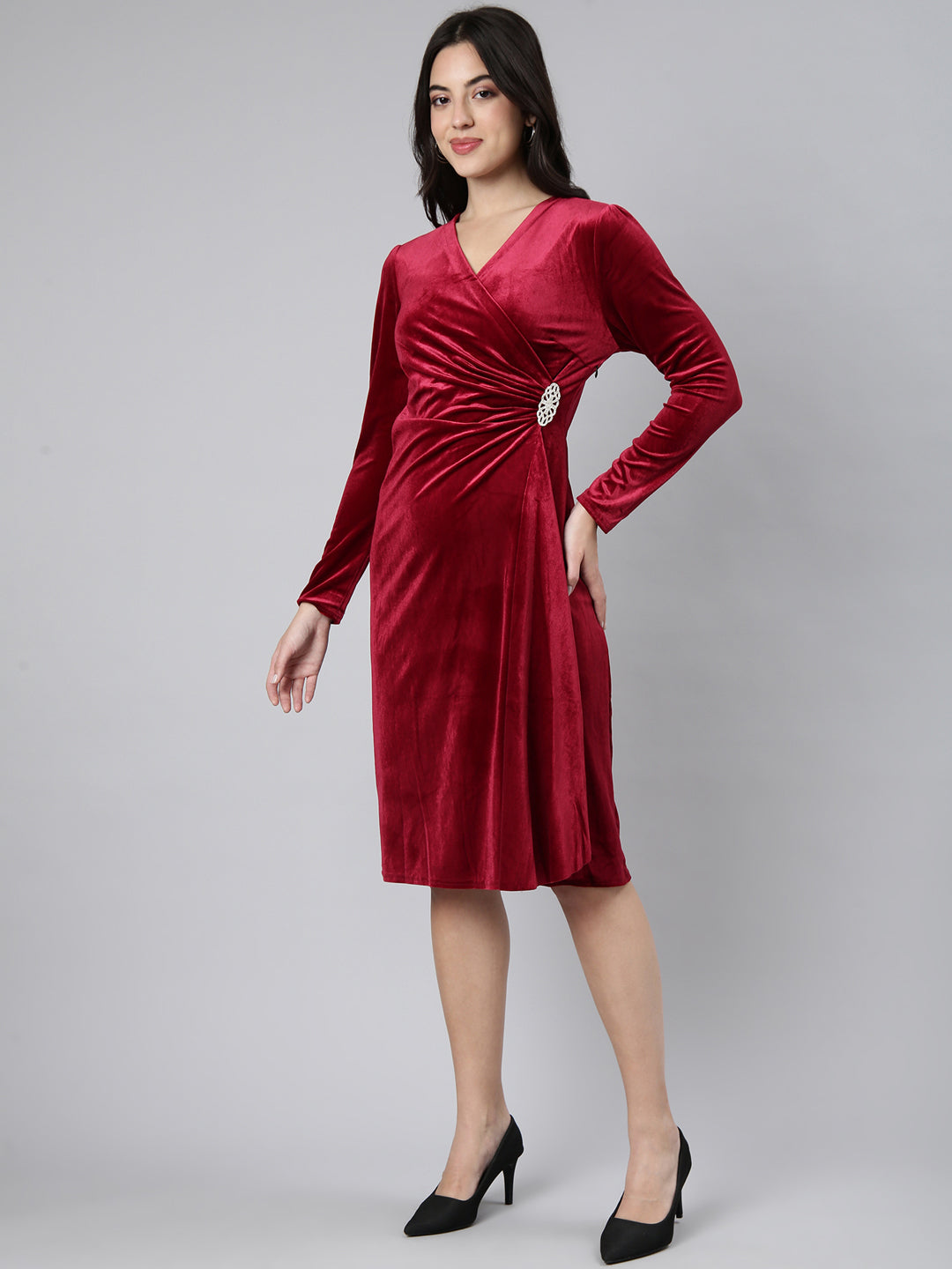 Women Solid Burgundy A-Line Dress