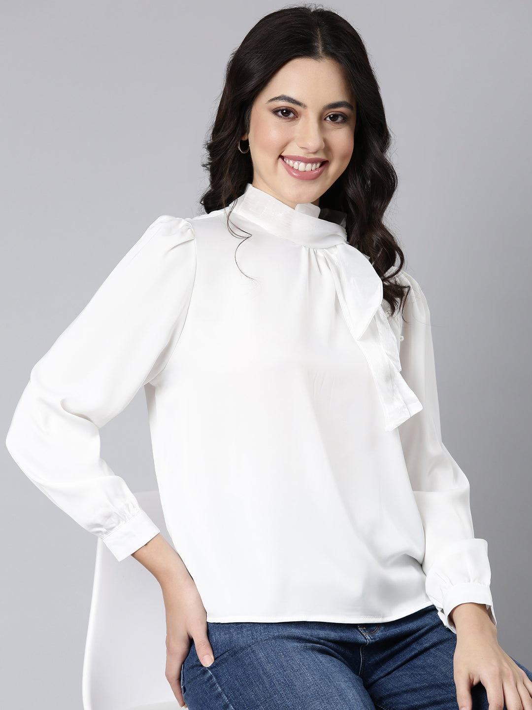 Women Solid Shirt Style White Top