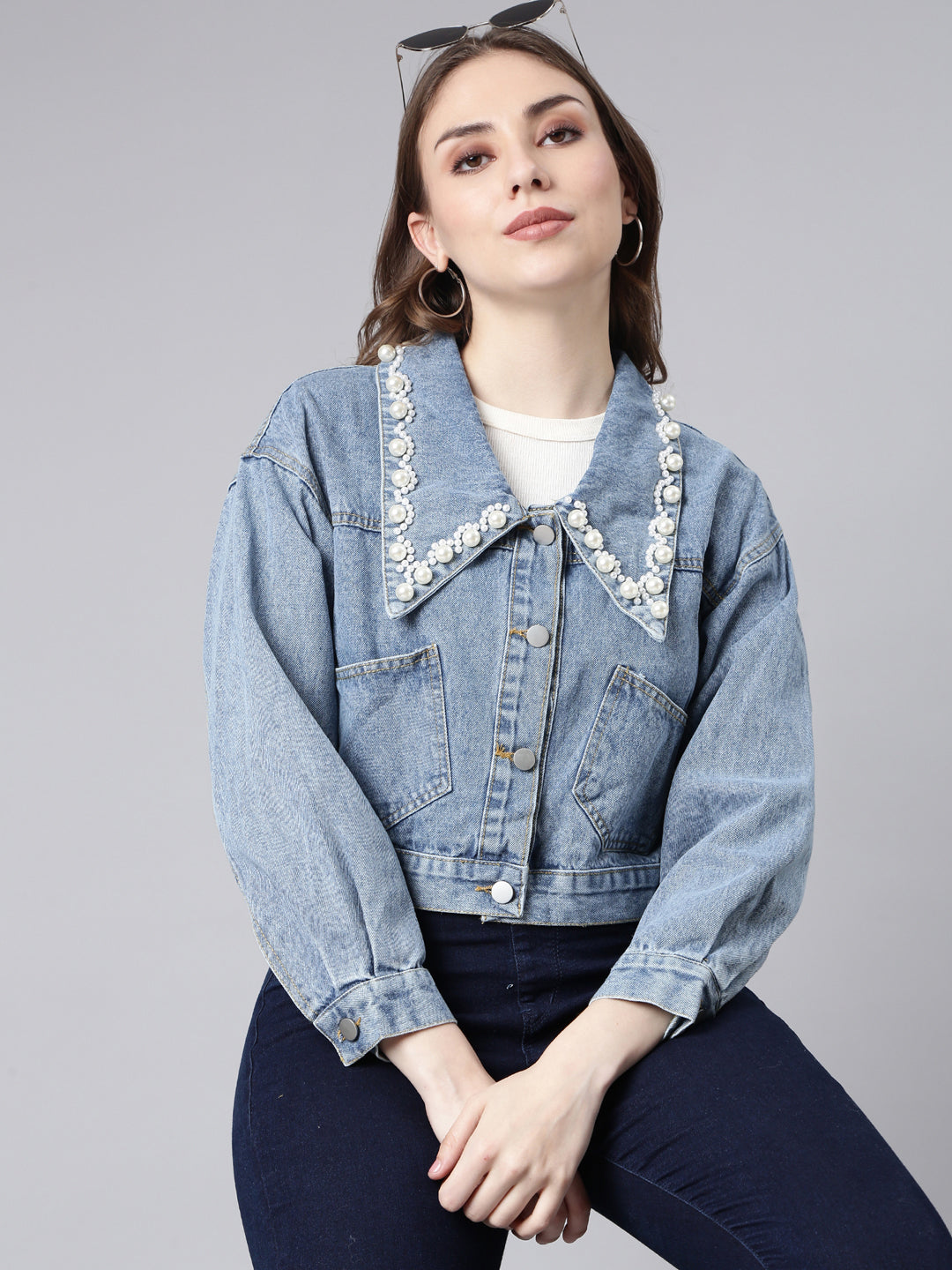 Women's Blue Washed Studded Drop Shoulder Crop Denim Jacket