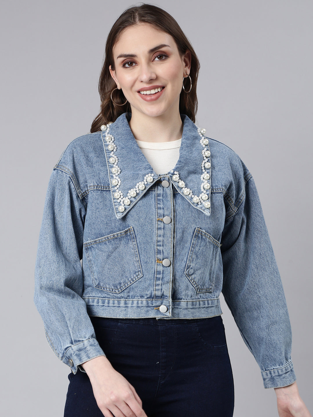 Women's Blue Washed Studded Drop Shoulder Crop Denim Jacket