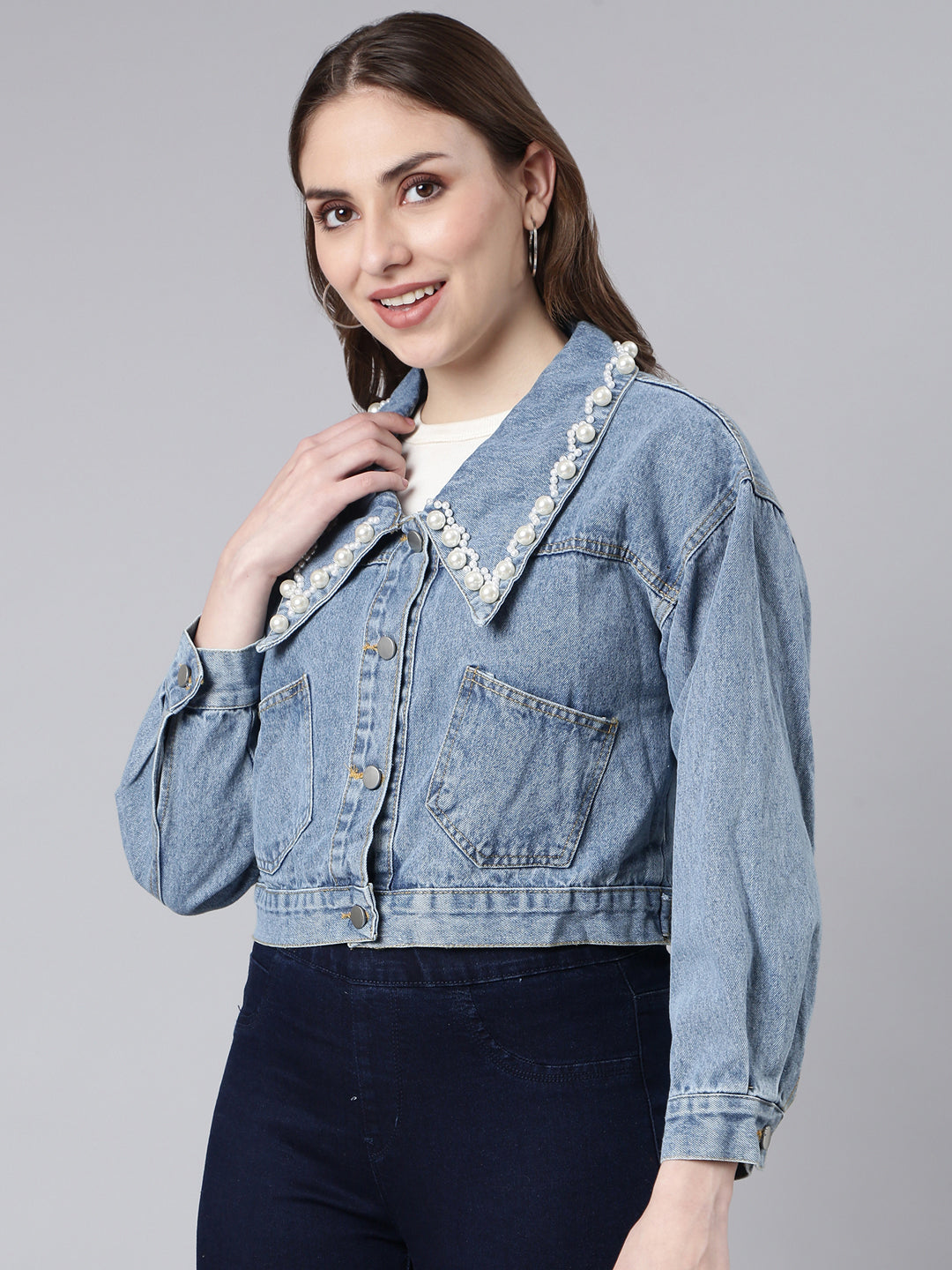 Women's Blue Washed Studded Drop Shoulder Crop Denim Jacket